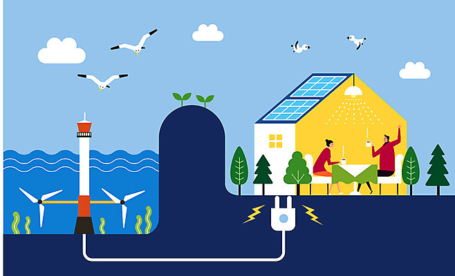 전신 나무 구름 여자 남자 지구 일러스트 갈매기 조류 주택 성인 두명 환경 에너지 그린에너지 플러그 에코 친환경 태양에너지 수력에너지 그린슈머 국내일러스트 AI파일 자연요소 식물 동물 사람 건물 파일형식 벡터