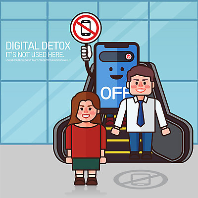 전신 여자 남자 캠페인 일러스트 성인 두명 스마트폰 디지털 금지 에스컬레이터 스마트폰중독 전원오프 휴대폰금지 디톡스 스몸비 국내일러스트 AI파일 건강 사람 핸드폰 스마트기기 신조어 중독 파일형식 벡터