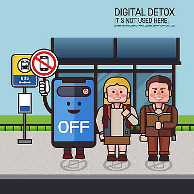 전신 여자 남자 캠페인 일러스트 성인 두명 스마트폰 독서 디지털 금지 버스정류장 스마트폰중독 전원오프 휴대폰금지 디톡스 스몸비 국내일러스트 AI파일 건강 사람 핸드폰 스마트기기 역 신조어 중독 파일형식 벡터