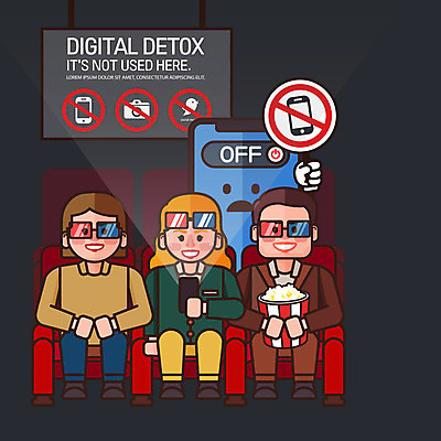 전신 여자 남자 캠페인 의자 일러스트 성인 세명 스마트폰 카메라 디지털 금지 영화관 팝콘 스마트폰중독 3D안경 소셜네트워크 전원오프 휴대폰금지 디톡스 스몸비 국내일러스트 AI파일 안경 가구 건강 사람 전자제품 핸드폰 스마트기기 극장 신조어 중독 파일형식 벡터