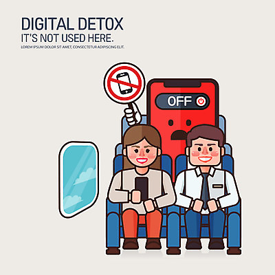 전신 여자 남자 캠페인 의자 일러스트 비행기 성인 두명 스마트폰 디지털 금지 위험 스마트폰중독 전원오프 휴대폰금지 디톡스 스몸비 국내일러스트 AI파일 가구 컨셉 항공교통 대중교통 건강 사람 핸드폰 스마트기기 신조어 중독 파일형식 벡터