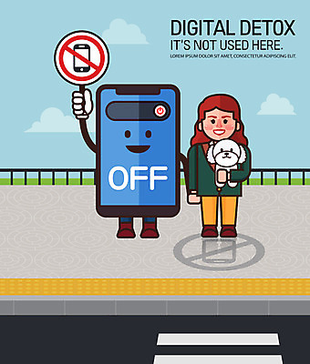 전신 한마리 여자 캠페인 일러스트 한명 성인 스마트폰 디지털 산책 금지 횡단보도 강아지 스마트폰중독 전원오프 휴대폰금지 디톡스 스몸비 국내일러스트 AI파일 1 휴식 건강 사람 핸드폰 스마트기기 반려동물 보행로 개 신조어 중독 파일형식 벡터