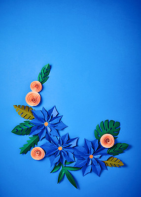 포토 식물 꽃 컬러 잎 실내 내부 파일형식 파란색 들꽃 포인세티아 JPG 스튜디오촬영 종이 나뭇잎 프레임 사람없음 페이퍼아트 종이꽃 국내포토