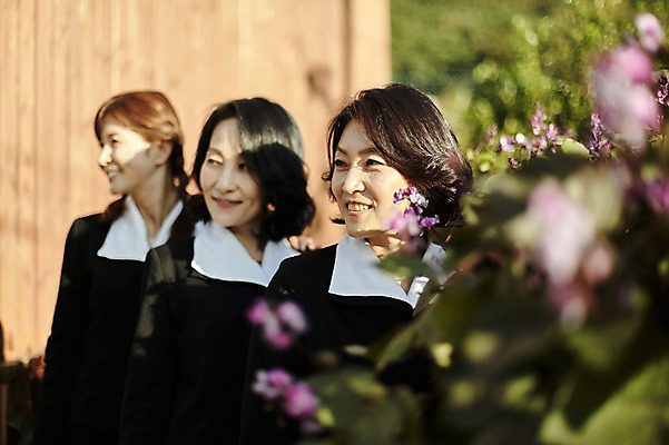 포토 JPG 주간 응시 여자 꽃 교복 40대 중년 서기 미소 상반신 야외 앞모습 아웃포커스 세명 친구 우정 한국인 추억 복고 동창 중년여자만 국내포토 자연요소 식물 시선 옷 뷰포인트 컨셉 관계 모션 촬영기법 표정 사람 동양인 성인 여자만 중년만 파일형식