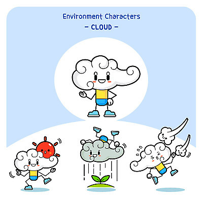 구름 캐릭터 일러스트 바람 날씨 사람없음 태양 새싹 비 먹구름 일러캐릭터 AI파일 자연요소 식물 파일형식 벡터 구름_자연