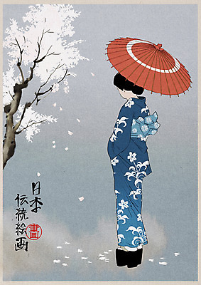 PSD 여자 일러스트 우산 한명 성인 일본 벚꽃 기모노 양산 일본전통 게이샤 국내일러스트 1 전통 꽃 아시아 사람 일본전통의상 파일형식