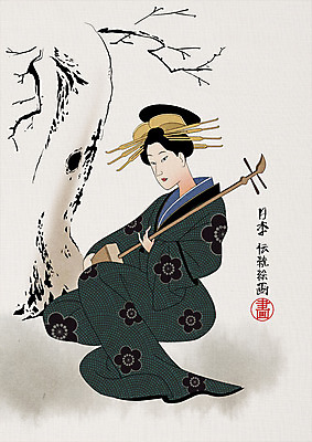 PSD 나무 여자 악기 일러스트 한명 성인 일본 일본전통 게이샤 국내일러스트 식물 1 전통 아시아 음악 사람 파일형식