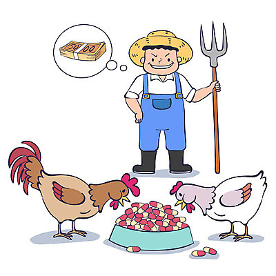 전신 남자 말풍선 두마리 일러스트 한명 성인 알약 약 닭 축산업 농부 모이 먹이 사회이슈 욕심 나쁜 화학물질 안티케미컬 국내일러스트 AI파일 직업 1 산업 컨셉 2 의학 조류 사람 화학 파일형식 벡터