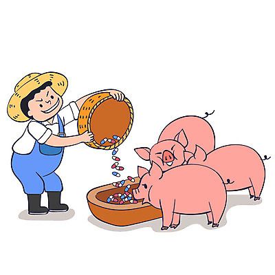 전신 남자 일러스트 세마리 한명 성인 알약 약 바구니 돼지 축산업 농부 먹이 사회이슈 나쁜 돼지사육 먹이통 화학물질 안티케미컬 국내일러스트 AI파일 직업 1 산업 컨셉 포유류 의학 3 사람 화학 파일형식 벡터