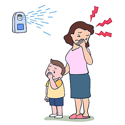 전신 여자 남자 아들 어린이 일러스트 엄마 성인 두명 고통 주부 냄새 악취 방향제 유해물질 화학물질 안티케미컬 국내일러스트 AI파일 감정 가족 사람 화학 파일형식 벡터