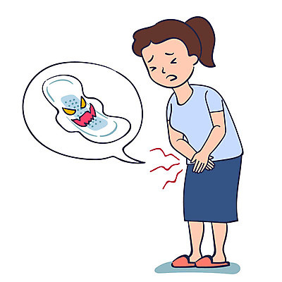 전신 여자 말풍선 일러스트 한명 성인 고통 위험 사회이슈 괴로움 주부 생리대 생리통 유해물질 화학물질 안티케미컬 국내일러스트 AI파일 1 감정 컨셉 사람 화학 여성용품 파일형식 벡터