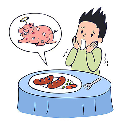 남자 포크 말풍선 일러스트 식탁 한명 상반신 성인 놀람 고통 돼지 소시지 무서움 사회이슈 안티케미컬 국내일러스트 AI파일 1 식기 감정 컨셉 포유류 탁자 표정 사람 가공식품 파일형식 벡터