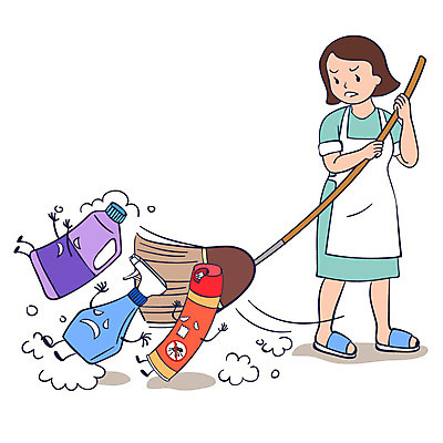 전신 여자 일러스트 한명 성인 빗자루 청소 버리기 주부 살충제 유해물질 화학물질 화학약품 안티케미컬 국내일러스트 AI파일 1 모션 사람 화학 청소도구 물질 파일형식 벡터