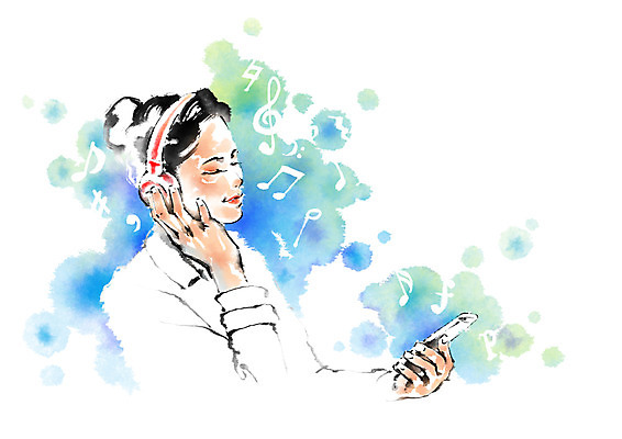 PSD 여자 음악 음표 일러스트 캘리그라피 한명 상반신 성인 스마트폰 헤드폰 음악감상 국내일러스트 1 기호 음향기기 문화예술 사람 핸드폰 스마트기기 감상 파일형식