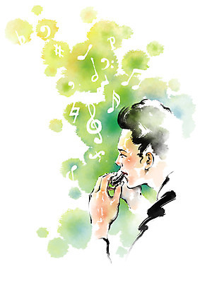 PSD 남자 음악 연주 음표 일러스트 캘리그라피 한명 상반신 성인 하모니카 국내일러스트 1 기호 문화예술 관악기 사람 파일형식