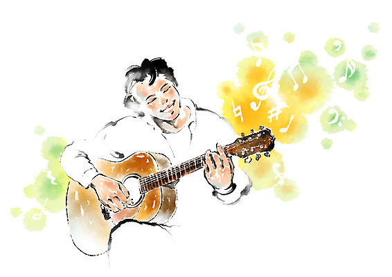 PSD 남자 음악 연주 음표 일러스트 캘리그라피 한명 상반신 성인 기타 국내일러스트 1 기호 현악기 문화예술 사람 파일형식