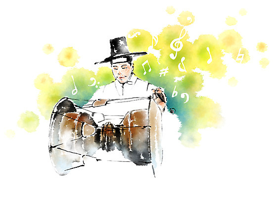 PSD 한국전통 남자 음악 연주 음표 일러스트 캘리그라피 국악 한명 성인 한복 장구 국내일러스트 갓모자 모자_잡화 1 전통 기호 문화예술 타악기 전통소품 한국 국악기 사람 전통의상 파일형식