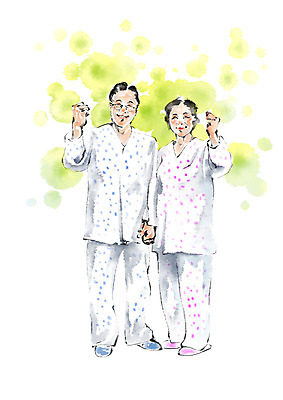 전신 PSD 여자 노년 남자 일러스트 캘리그라피 의학 건강 서기 성인 두명 노부부 파이팅 환자 환자복 국내일러스트 부부 옷 모션 사람 파일형식