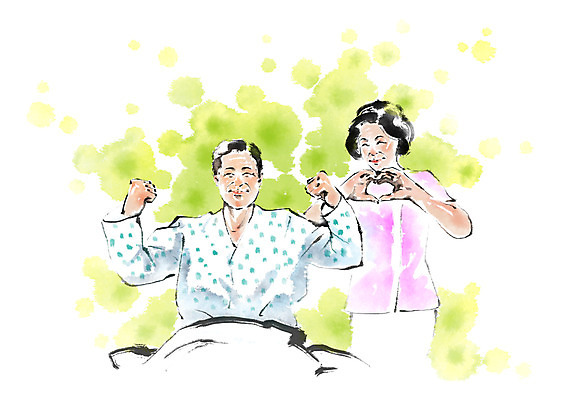 PSD 여자 노년 남자 일러스트 캘리그라피 의학 건강 상반신 성인 두명 환자 간호사 손하트 국내일러스트 사람 손짓 의료진 파일형식