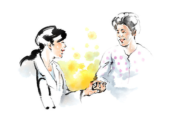 PSD 여자 노년 일러스트 캘리그라피 의학 건강 웃음 상반신 성인 두명 손잡기 환자 의사 국내일러스트 모션 표정 사람 의료진 파일형식