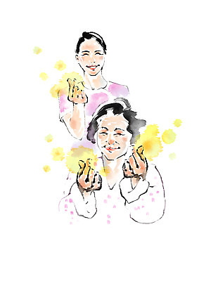 PSD 여자 노년 일러스트 캘리그라피 의학 건강 웃음 상반신 성인 두명 환자 간호사 손하트 국내일러스트 표정 사람 손짓 의료진 파일형식