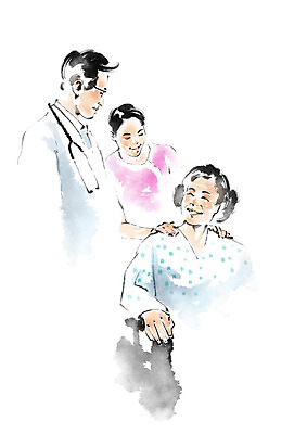 PSD 여자 노년 남자 일러스트 캘리그라피 의학 건강 상반신 성인 세명 환자 간호사 의사 국내일러스트 사람 의료진 파일형식