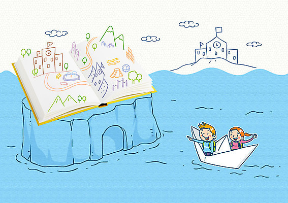 구름 여자 어린이교육 남자 어린이 바다 학교 포토일러 산 두명 책 가리킴 종이배 이미지편집 자연요소 편집이미지 교육 사람 손짓 종이접기