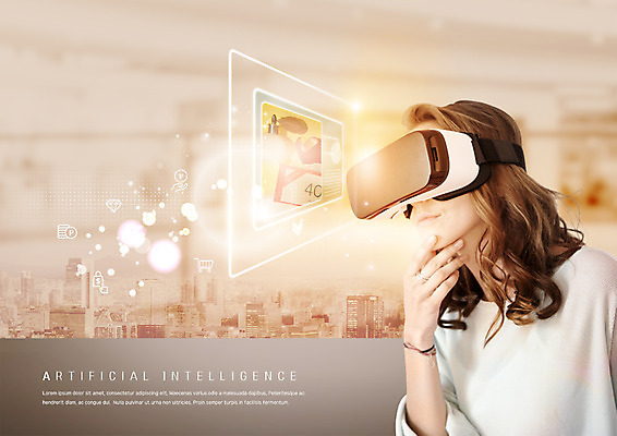 PSD 서양인 편집 편집이미지 여자 한명 빌딩 상반신 3D안경 터치스크린 가상현실 4차산업 VR기기 이미지편집 외국인 1 산업 안경 사람 건물 기계 파일형식