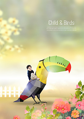 PSD 편집이미지 어린이교육 남자 꽃 어린이 상상 자연 조류 한명 앉기 한국인 구관조 이미지편집 식물 동물 1 교육 모션 사람 동양인 생태계 파일형식