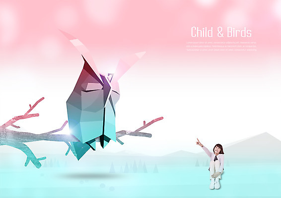 전신 PSD 편집이미지 여자 어린이교육 어린이 상상 자연 조류 산 한명 앉기 나뭇가지 가리킴 일본인 부엉이 이미지편집 외국인 나무 동물 1 교육 모션 사람 동양인 손짓 생태계 파일형식