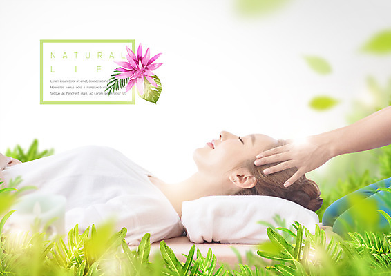 PSD 서양인 편집이미지 여자 꽃 베개 나뭇잎 한명 상반신 20대 옆모습 눕기 뷰티 눈감음 스파 마사지 이미지편집 외국인 식물 1 뷰포인트 잎 침구 모션 사람 청년 파일형식