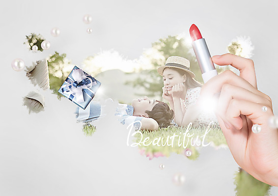 PSD 편집이미지 모자 손 커플 여자 남자 한손 선물 이벤트 잔디 상반신 20대 신체부위 세명 선물상자 쇼핑 눕기 한국인 립스틱 진주 이미지편집 식물 잡화 관계 모션 사람 동양인 청년 상자 화장품 보석 파일형식