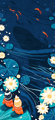 PSD 어린이 일러스트 상상 자연 요정 연꽃 상상일러스트 풍경 두명 강 연못 연잎 잉어 난쟁이 물고기밥 동심 국내일러스트 꽃 잎 어류 사람 먹이 생태계 파일형식