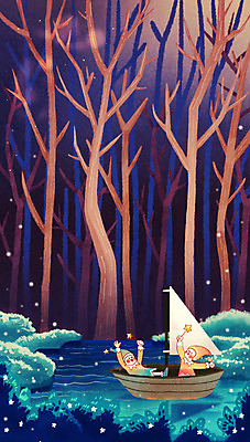 PSD 나무 어린이 일러스트 상상 자연 요정 상상일러스트 풍경 두명 강 연못 난쟁이 반딧불이 선박 동심 국내일러스트 식물 곤충 수상교통 사람 생태계 파일형식