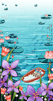 PSD 꽃 어린이 일러스트 상상 자연 휴식 요정 연꽃 상상일러스트 그림자 풍경 두명 강 연못 연잎 난쟁이 선박 동심 국내일러스트 식물 컨셉 수상교통 잎 사람 생태계 파일형식