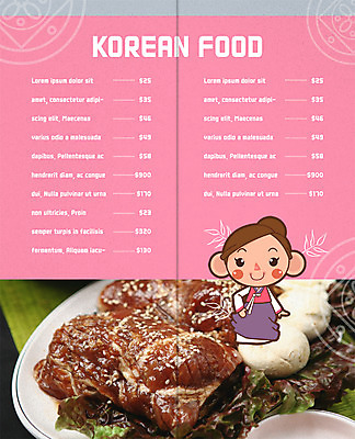 PSD 템플릿 편집 접시 표지디자인 북디자인 출판디자인 여자 내지 한식 음식 리플렛 2단접지 북커버 육류 한명 팜플렛 상추 한복 가격 메뉴 양념갈비 이미지템플릿 1 한국전통 식기 채소 식재료 사람 전통의상 갈비 파일형식