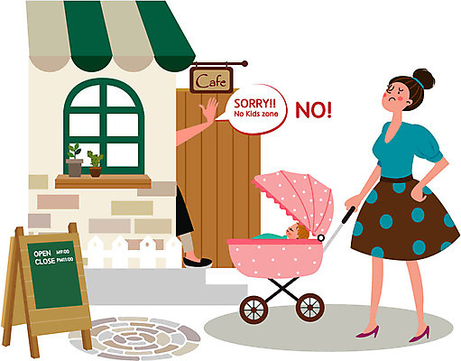 여자 일러스트 엄마 성인 신체부위 세명 카페 아기 거절 메뉴판 유모차 팔 공공장소 출입금지 노키즈존 국내일러스트 AI파일 컨셉 가족 사람 상점 장소 아기용품 금지 파일형식 벡터