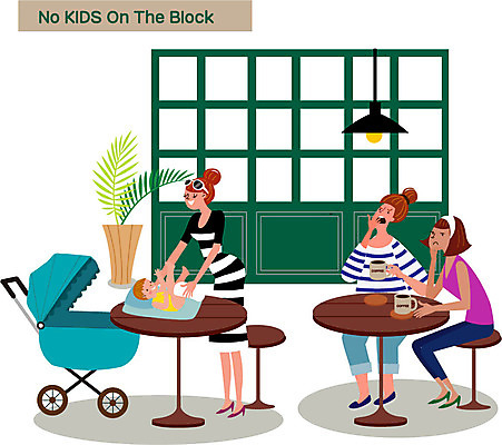 전신 여자 커피 일러스트 엄마 서기 앉기 여러명 성인 카페 아기 기저귀 유모차 공공장소 매너 불쾌함 노키즈존 국내일러스트 AI파일 감정 음료 다수 가족 모션 사람 상점 장소 아기용품 예절 파일형식 벡터