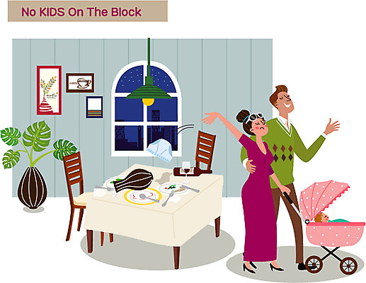 전신 접시 여자 남자 화분 액자 의자 일러스트 창문 탁자 엄마 성인 세명 식당 레스토랑 꽃병 아기 아빠 지저분함 쓰레기 와인병 기저귀 유모차 공공장소 매너 무단투기 노키즈존 무단 국내일러스트 AI파일 식기 꽃 가구 가족 병_용기 사람 상점 와인 장소 아기용품 예절 감각 파일형식 벡터