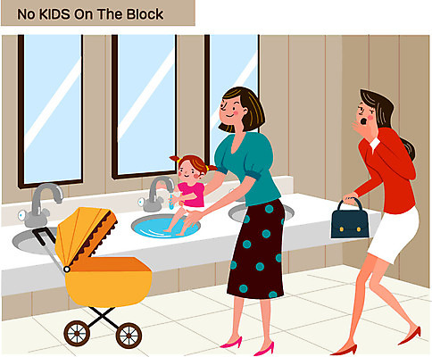 전신 여자 어린이 일러스트 엄마 서기 성인 세명 놀람 세면대 화장실 유모차 공공장소 매너 불쾌함 씻겨주기 노키즈존 국내일러스트 AI파일 감정 가족 모션 표정 사람 장소 아기용품 예절 파일형식 벡터