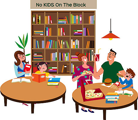 여자 남자 어린이 음식 일러스트 엄마 책장 피자 성인 책 독서 햄버거 아빠 도서관 먹기 핫도그 공공장소 매너 불쾌함 노키즈존 국내일러스트 AI파일 교육 감정 가구 가족 모션 패스트푸드 서양음식 사람 장소 예절 파일형식 벡터