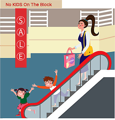 전신 여자 남자 어린이 일러스트 엄마 서기 성인 세명 달리기 세일 위험 쇼핑몰 에스컬레이터 공공장소 매너 노키즈존 국내일러스트 AI파일 컨셉 가족 모션 사람 장소 예절 파일형식 벡터