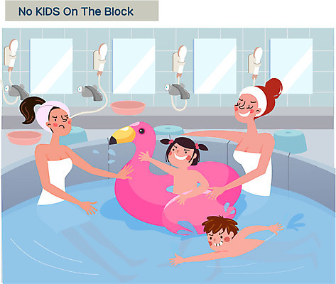 여자 남자 어린이 일러스트 엄마 여러명 상반신 성인 수영 거울 목욕탕 샤워기 튜브 공공장소 매너 불쾌함 노키즈존 국내일러스트 AI파일 감정 다수 가족 사람 장소 수상스포츠 예절 파일형식 벡터