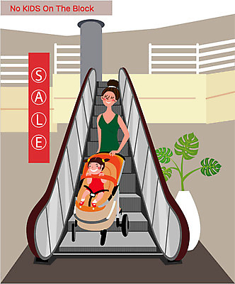 전신 여자 화분 어린이 일러스트 엄마 성인 두명 세일 위험 쇼핑몰 에스컬레이터 유모차 백화점 공공장소 노키즈존 국내일러스트 AI파일 컨셉 가족 사람 상점 장소 아기용품 파일형식 벡터