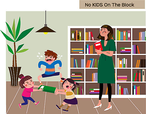 전신 여자 남자 어린이 일러스트 엄마 책장 서기 여러명 성인 책 점프 도서관 울음 싸움 공공장소 매너 뺏기 노키즈존 국내일러스트 AI파일 교육 가구 다수 가족 모션 표정 사람 장소 예절 파일형식 벡터