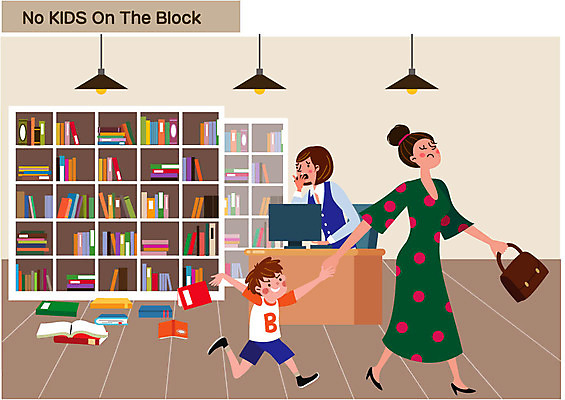 전신 여자 남자 어린이 일러스트 엄마 책장 상반신 성인 책 세명 놀람 떨어짐 지저분함 공공장소 매너 노키즈존 국내일러스트 AI파일 감정 가구 컨셉 가족 표정 사람 장소 예절 감각 파일형식 벡터