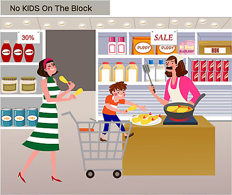 여자 남자 어린이 생활용품 일러스트 엄마 서기 성인 세명 장보기 카트 먹기 마트 새우튀김 공공장소 매너 노키즈존 국내일러스트 AI파일 가족 모션 새우 사람 상점 장소 튀김 예절 오브젝트 파일형식 벡터