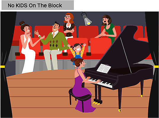 전신 여자 남자 어린이 악기 연주 의자 일러스트 엄마 조명 대화 여러명 상반신 성인 건반 피아노 시끄러움 연주회 공공장소 매너 방해 노키즈존 국내일러스트 AI파일 음악 가구 다수 컨셉 가족 말하기 사람 장소 예절 건반악기 음악회 파일형식 벡터