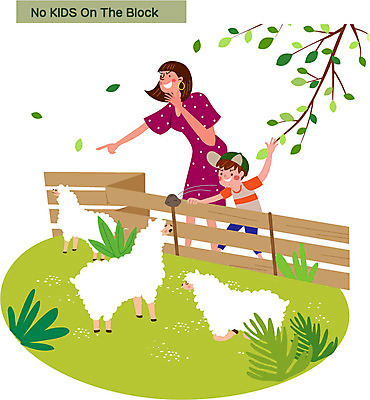 나무 여자 남자 어린이 일러스트 엄마 나뭇잎 서기 잔디 상반신 성인 두명 울타리 돌_바위 양 던지기 공공장소 매너 노키즈존 국내일러스트 AI파일 식물 잎 포유류 가족 모션 사람 담장 장소 예절 파일형식 벡터