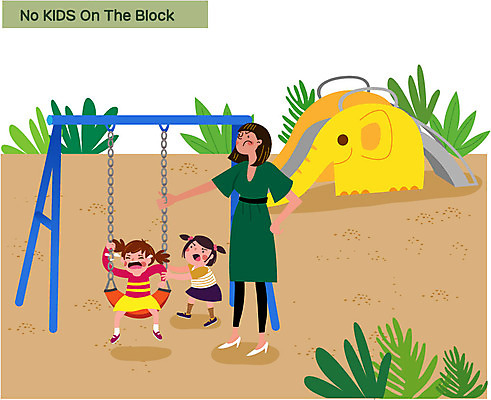 전신 여자 어린이 일러스트 엄마 서기 앉기 성인 세명 잡기 울음 미끄럼틀 놀이터 그네 공공장소 매너 새치기 노키즈존 국내일러스트 AI파일 가족 모션 놀이 표정 사람 장소 예절 놀이기구 공공예절 파일형식 벡터